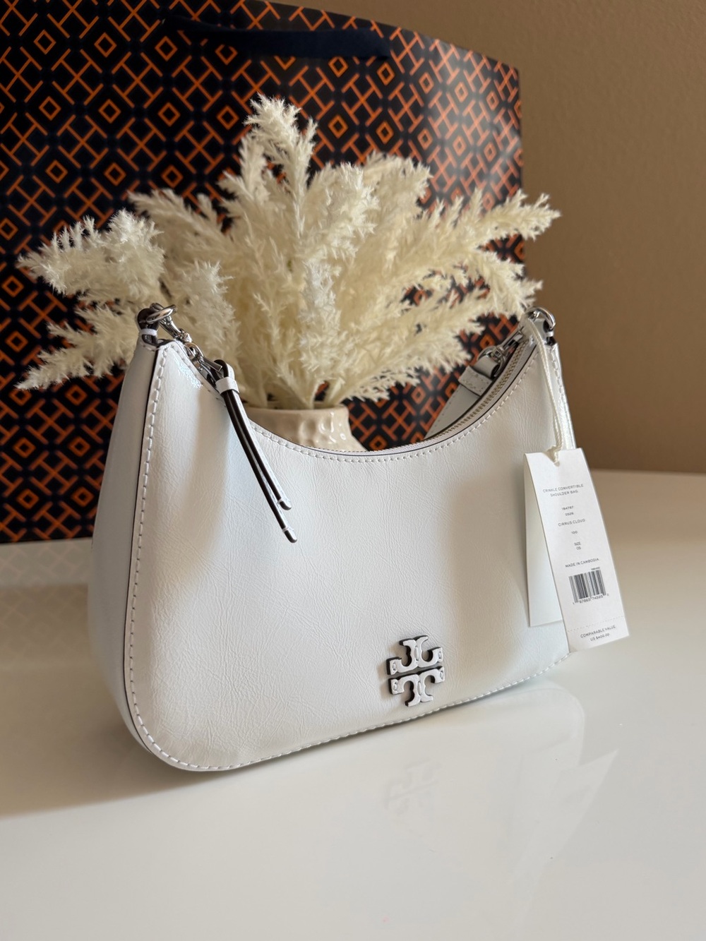 New, Tory Burch Crinkle Convertible Shoulder Bag $400 Cirrus  patent leather